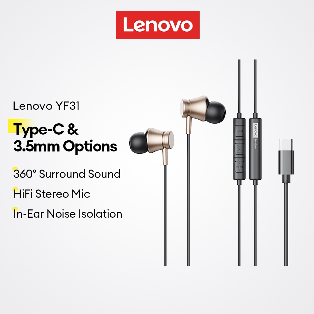 Fone de Ouvido Lenovo Com Fio In-Ear Jack 3.5mm Type-C Som Surround — Áudio e Fones