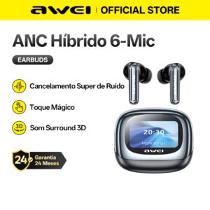 Fone De Ouvido Sem Fio Awei ANC Cancelamento de Ruído Tela Digital