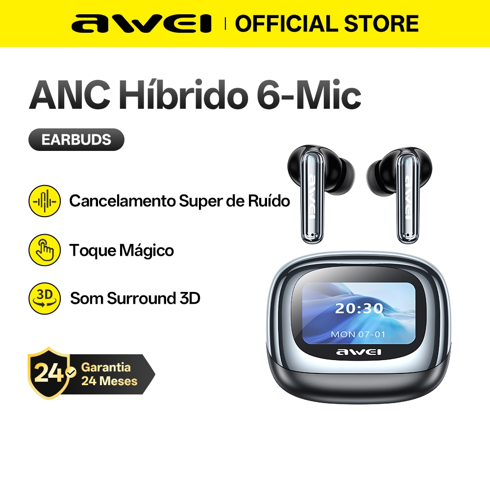 Fone De Ouvido Sem Fio Awei ANC Cancelamento de Ruído Tela Digital