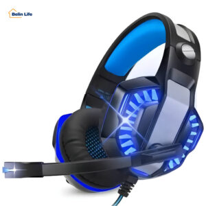 Fone Headset Gamer com Microfone LED Azul Super Bass para PC PS4 e
