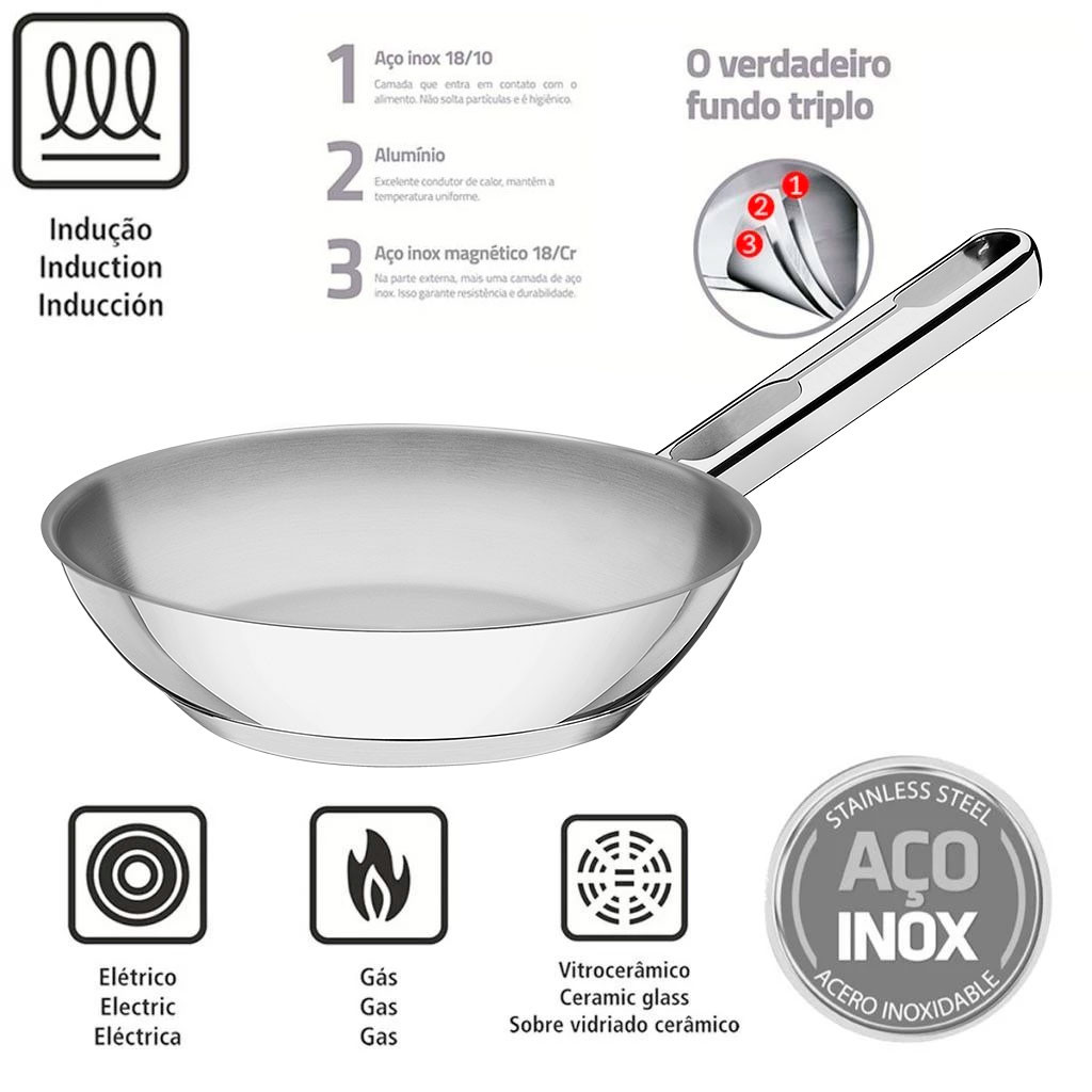 Frigideira Aço Inox 20cm 24cm ou 28 cm Tramontina Allegra Fundo