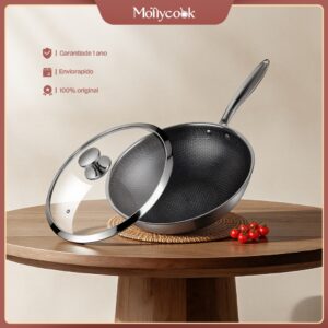 Frigideira Wok Aço Inox 18 10 Antiaderente 32CM 5L Mollycook Cinza