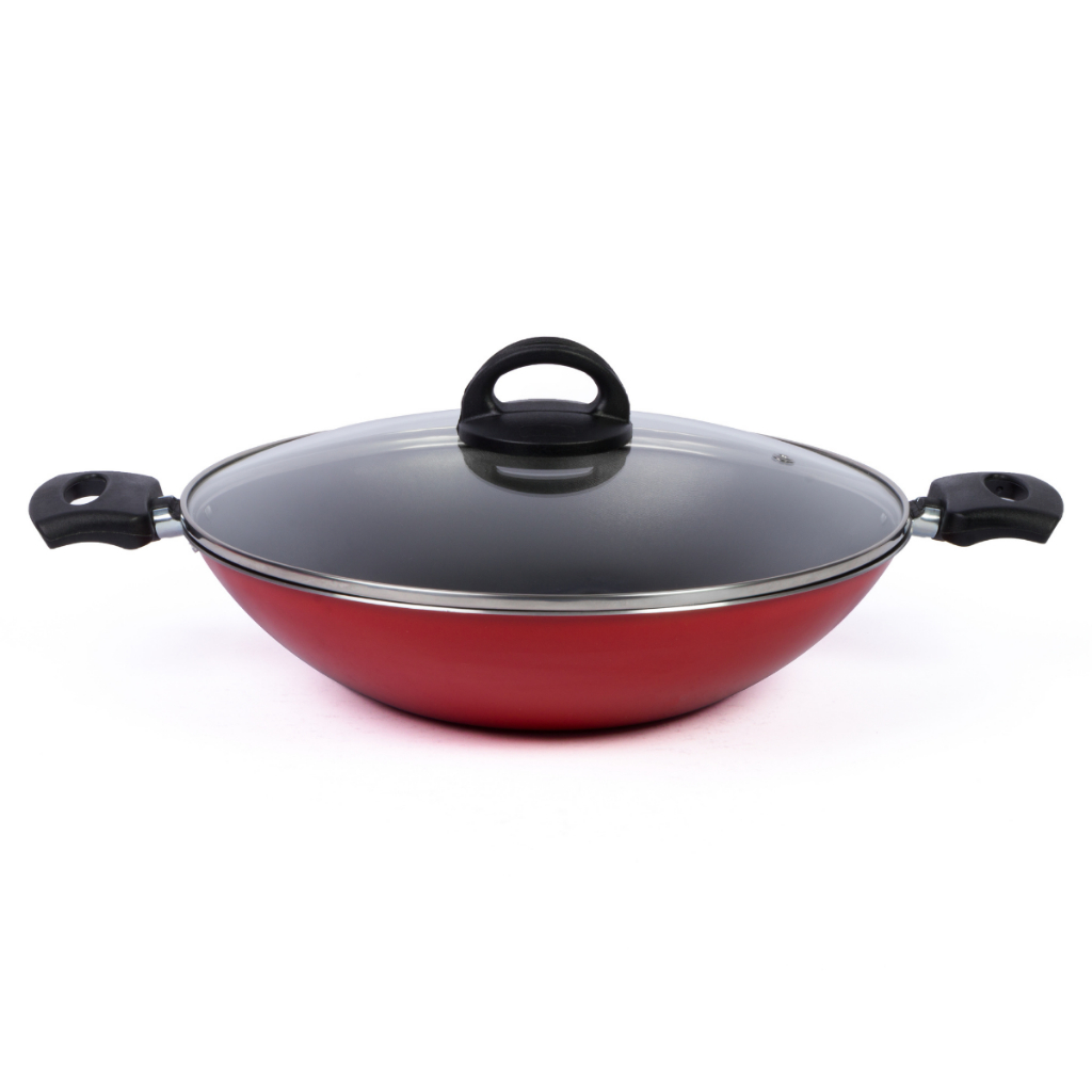 Frigideira Wok Antiaderente Tampa De Vidro 30Cm Vermelho Nacional — Cozinha e Utensílios