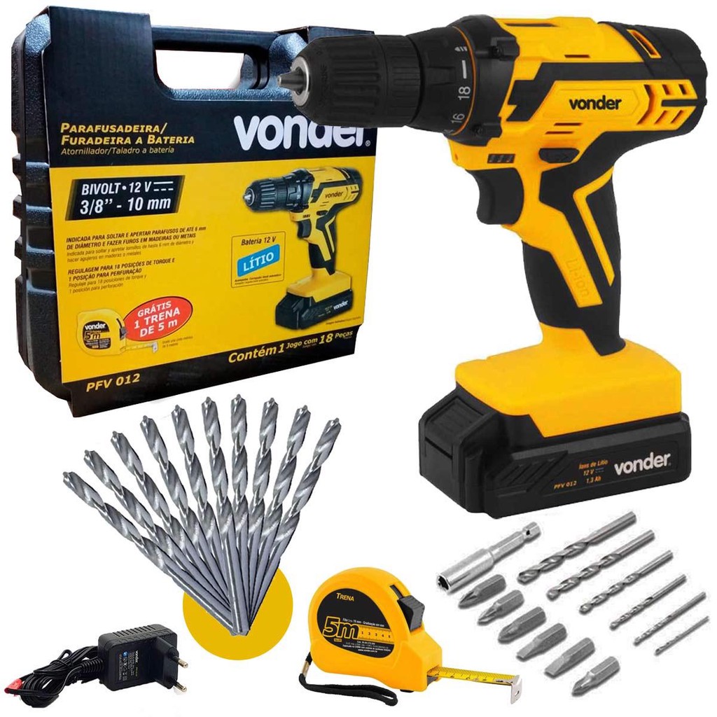 Furadeira e Parafusadeira Bateria 12V Bivolt Pfv 012 Com Kit Brocas