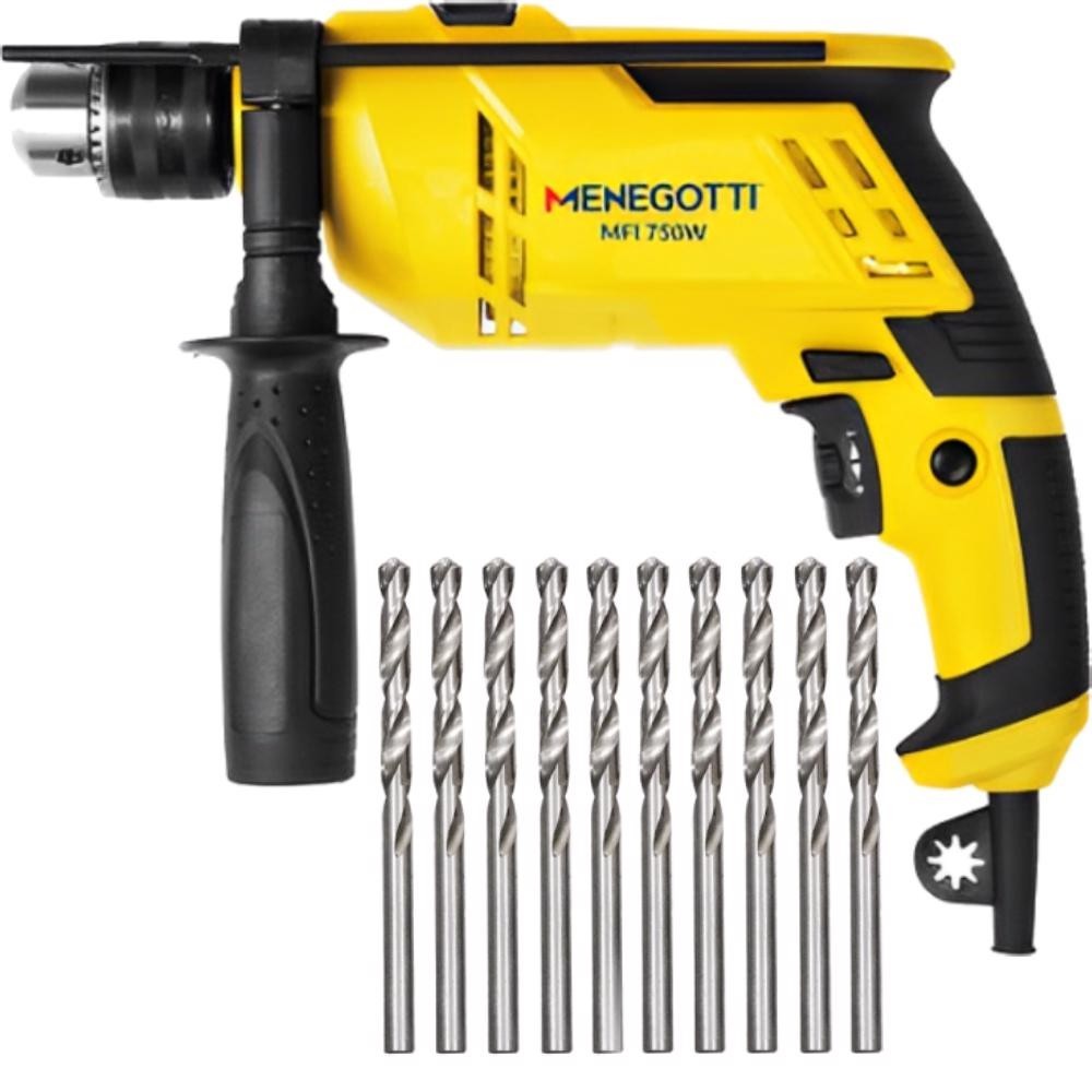 Furadeira Impacto 1 2 Pol 750W Menegotti 10 Brocas Aço Rápido 3mm Mtx