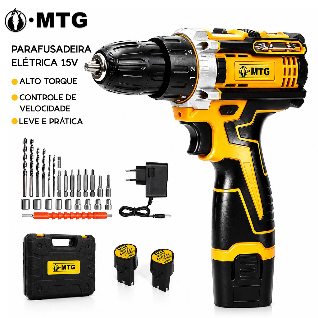 Furadeira Parafusadeira Sem Fio 15V Kit Completo c Maleta+28