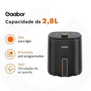 Gaabor 2,8L Air Fryer 360° Ar Quente Timer 60 Min 200°C Antiaderente
