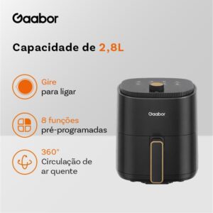 Gaabor Air Fryer 2.8L Circulacao Ar 360° Cozimento Uniforme Timer