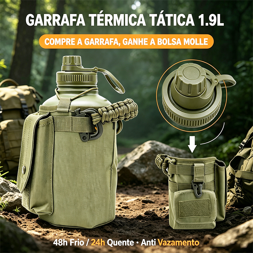 Garrafa Térmica 1.9L Aço Inoxidável 304 Com Bolsa Tática e Alça — Cozinha e Utensílios