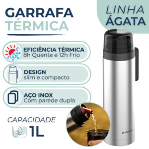 Garrafa Térmica 1 Litro Slim Inox Ágata Com Bico Bebidas Quente Frio