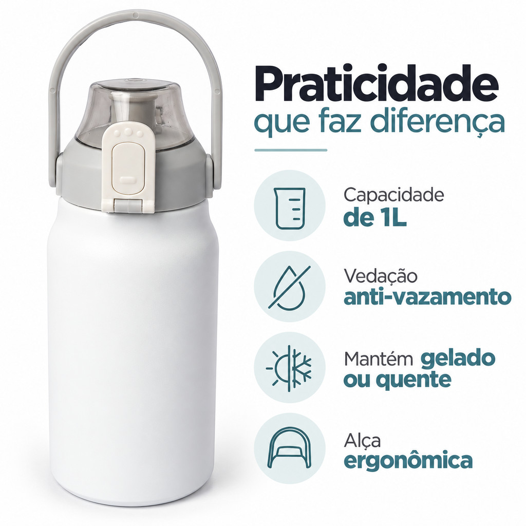 Garrafa Térmica 1L Grande Com Canudo Para Academia Faculdade