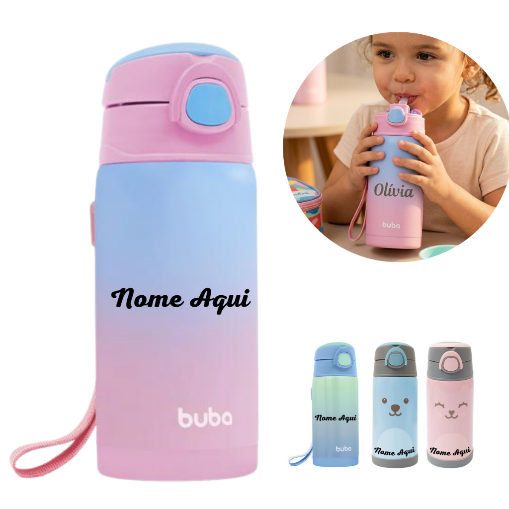 Garrafa Térmica Buba Infantil Inox 400ML Com Canudo Personalizado Com