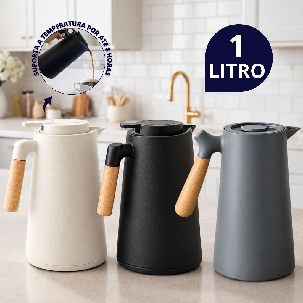 Garrafa Térmica Nórdica 1L Firenze Café Chá Cabo De Madeira Luxo — Cozinha e Utensílios