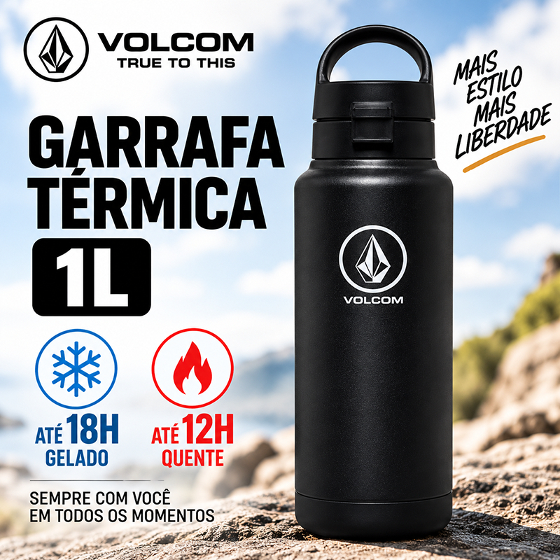 Garrafa Térmica Volcom 1L Aço Inox Inoxidável Quente e Frio Esportiva
