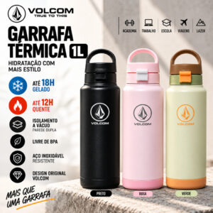Garrafa Térmica Volcom 1L Inox com Canudo Isolamento a Vácuo Quente e