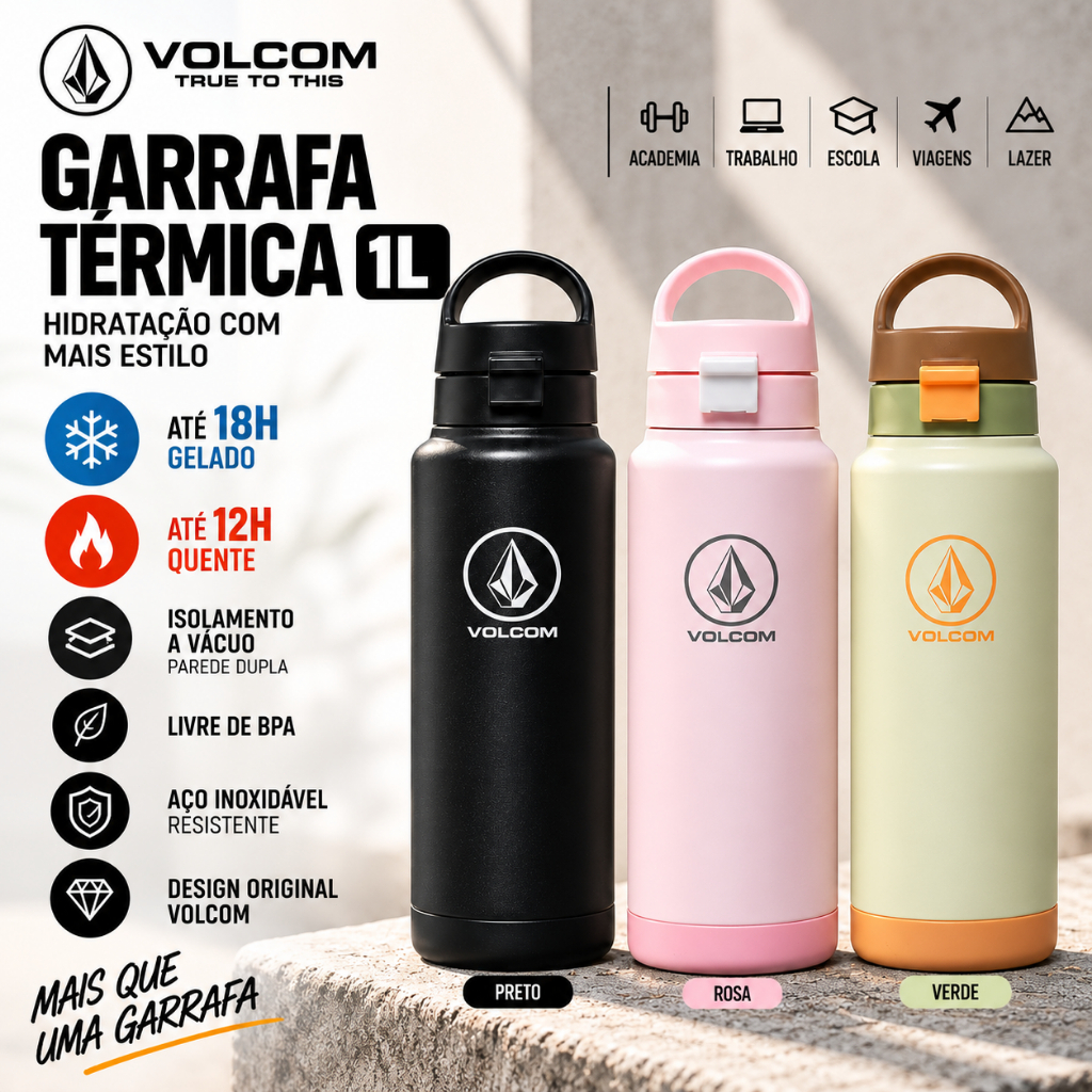 Garrafa Térmica Volcom 1L Inox com Canudo Isolamento a Vácuo Quente e