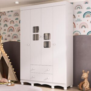 Guarda-roupa Infantil 122cm com Vidro 4 Portas e 2 Gavetas Luna