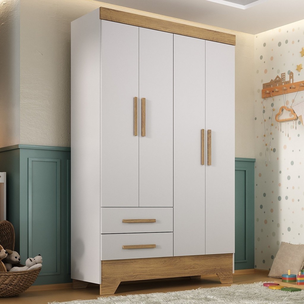 Guarda Roupa Infantil 4 Portas 2 Gavetas Branco Natural Tic Tac