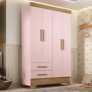 Guarda Roupa Infantil 4 Portas 2 Gavetas Rosa Natural Tic Tac