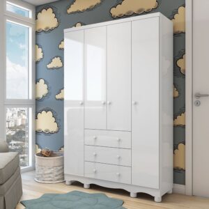 Guarda Roupa Infantil 4 Portas 3 Gavetas 100% Mdf Mimo Branco Brilho