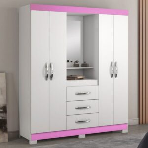 Guarda-Roupa Infantil 4 Portas 3 Gavetas Essen com Espelho Flex Rosa