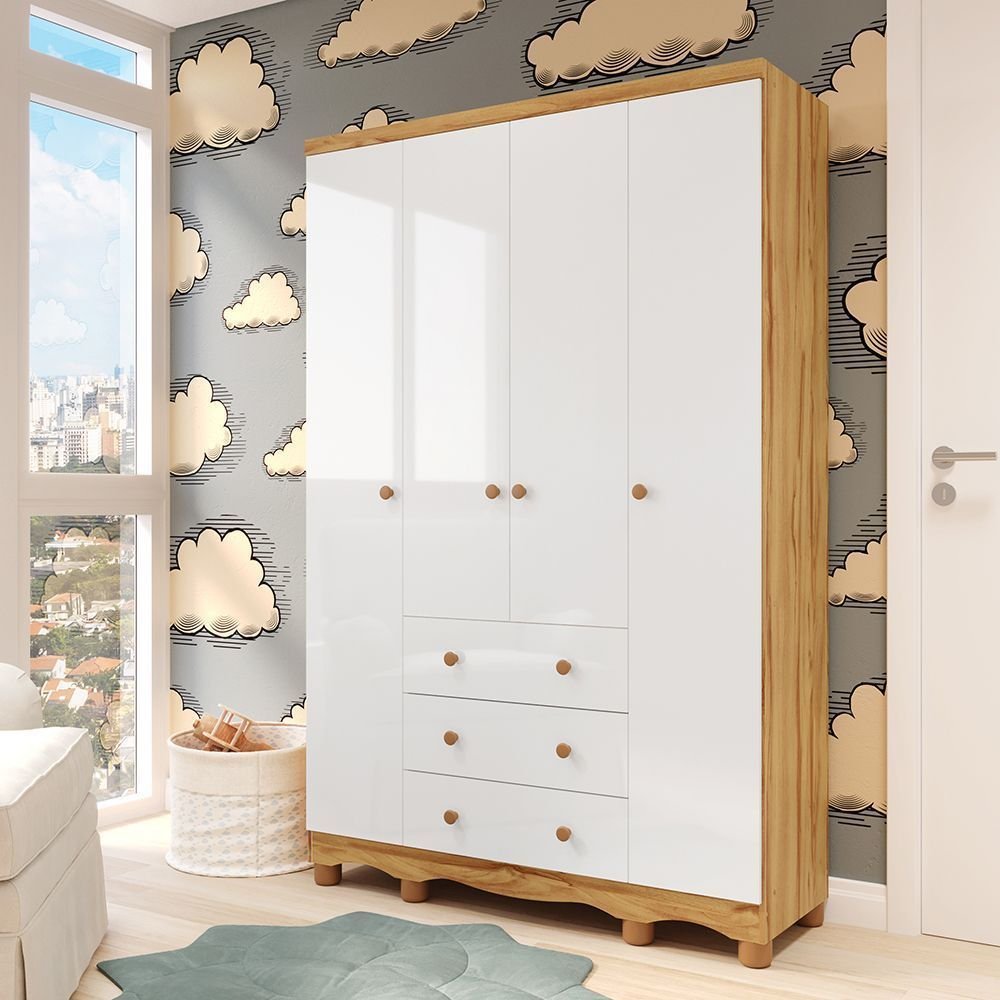 Guarda-Roupa Infantil 4 Portas e 3 Gavetas 100% Mdf Mimo Branco