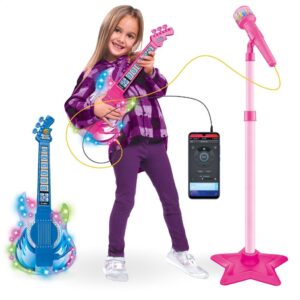 Guitarra e Microfone Infantil Instrumento Brinquedo Musical com Luz e