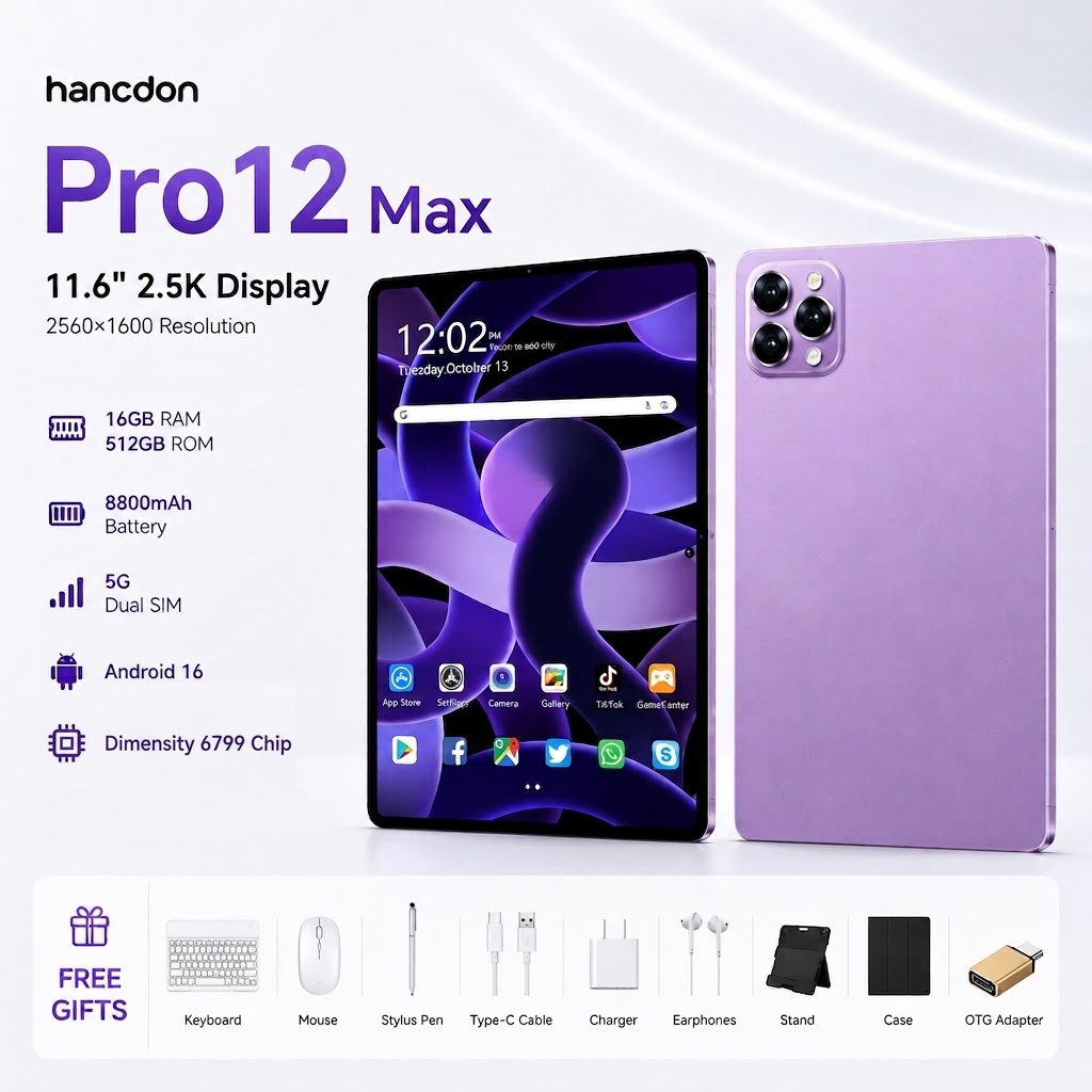 Hancdon Tablet Pro12 Max 16GB+512GB Android 15 Tela FHD 11.6" 8800mAh