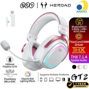 Headset Gamer Sem Fio Qcy Heroad GT2 Bluetooth 6.0 2.4GHz RGB Thx 7.1