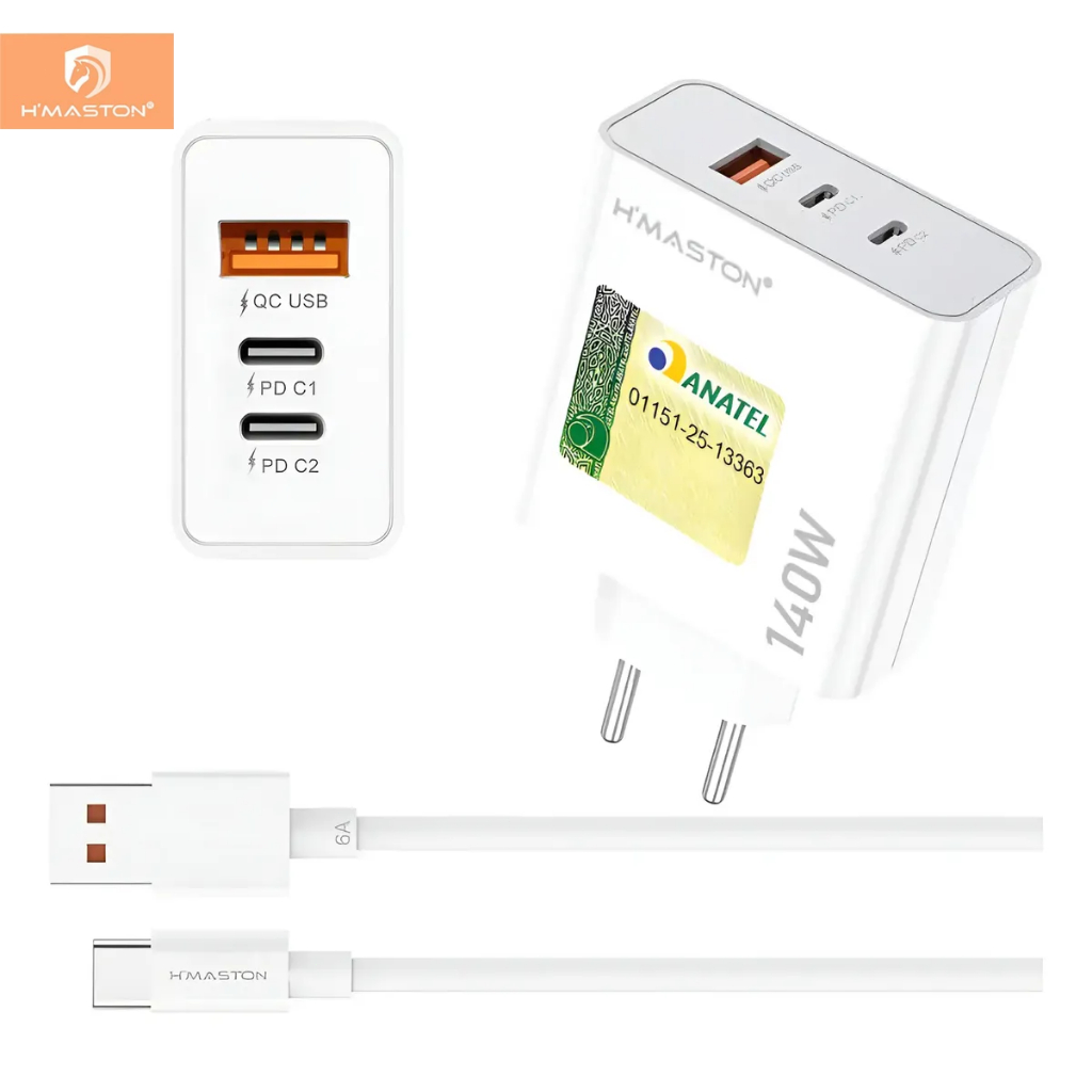 Hmaston Y74-3 Carregador Turbo Fonte 140w Usb 2usb-c +cabo Tipo-c 6a