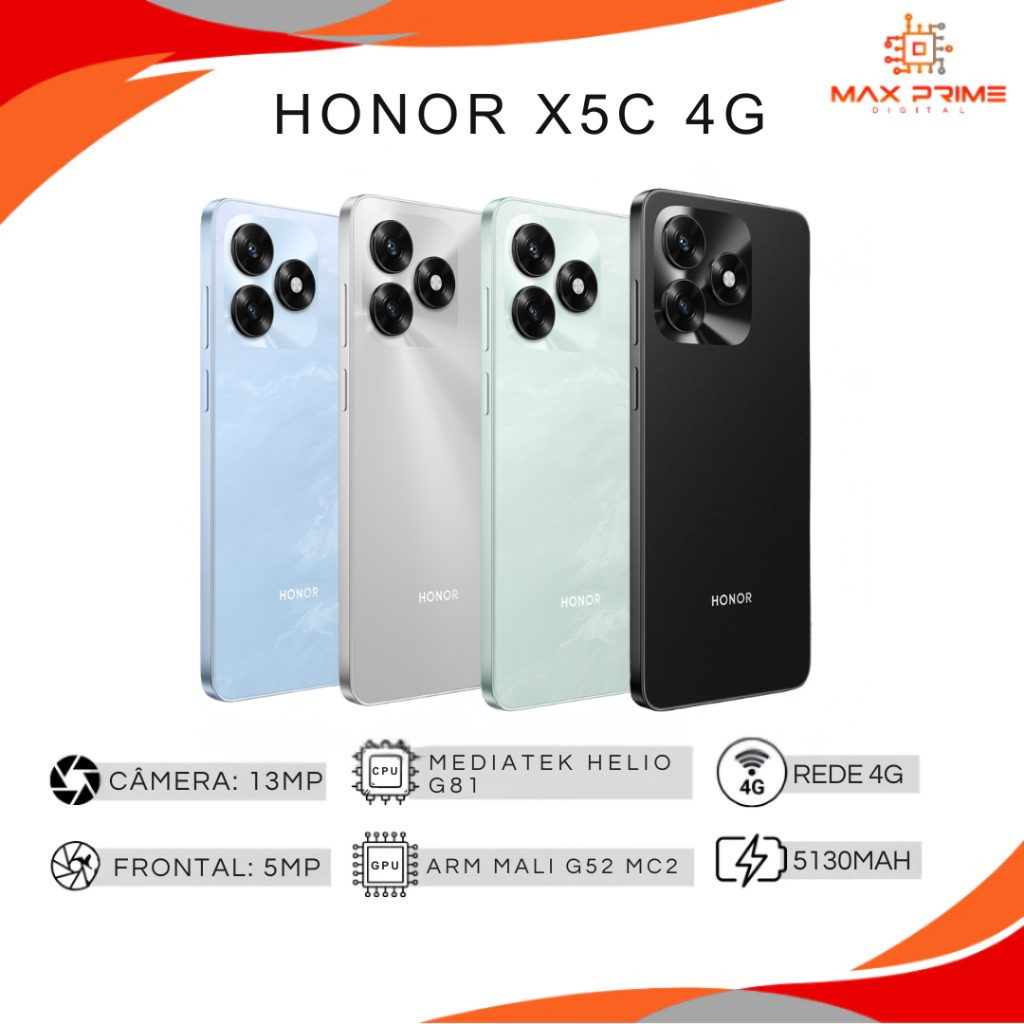 Honor X5c 4G, Versão Globa, Processador Mediatek Hélio G81, Bateria