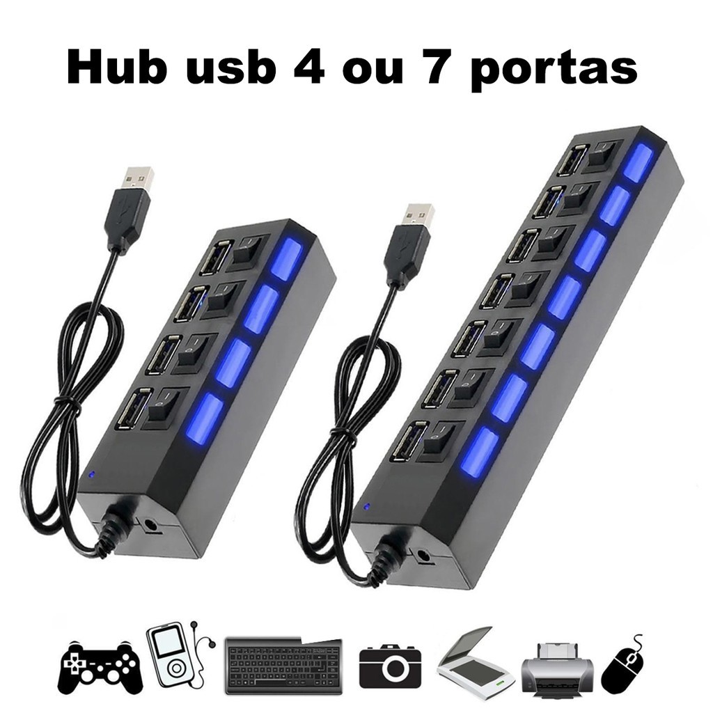 Hub Usb 2.0 7 Portas Régua Usb Extensão Usb Pen Drive Teclado 480mbps — Informática