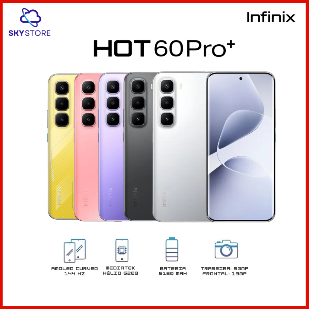 Infinix Hot 60 Pro+ 4G Tela curva 256GB+8GB RAM, Processador MediaTek