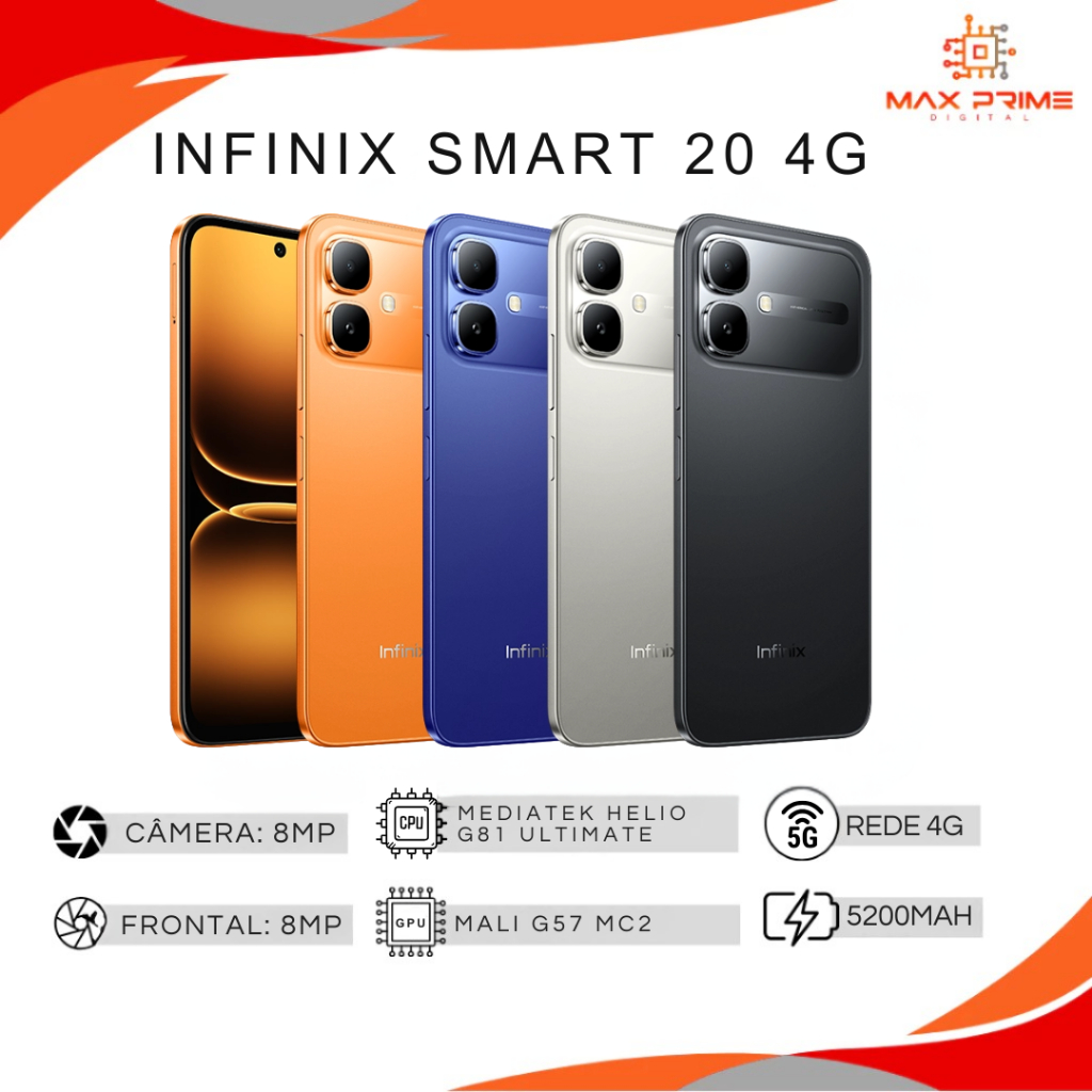 Infinix Smart 20 4G, Versão Global, Processador MediaTek Helio