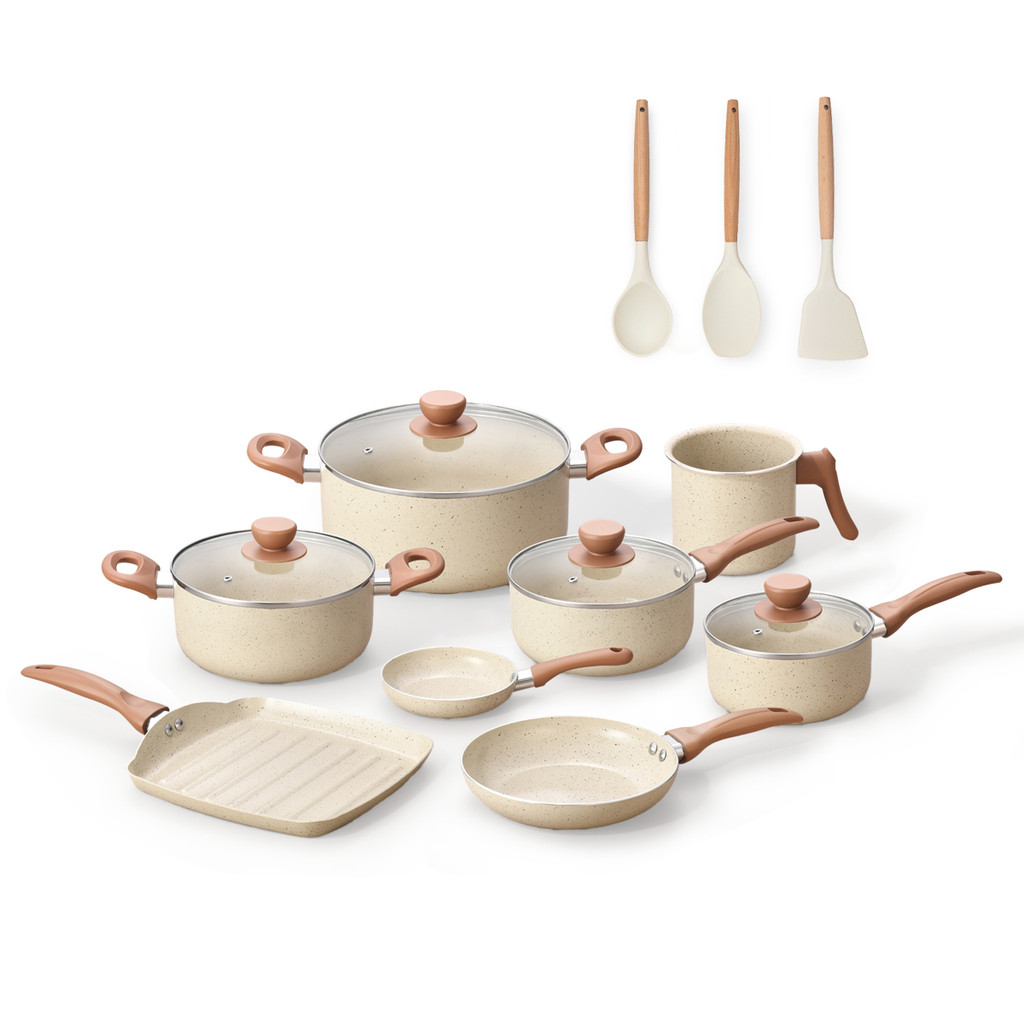 Jogo com 8 panelas antiaderentes de ceramica e aluminio bege terrara