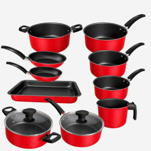 Jogo Conjunto de Panelas 10 Peças Vermelho Frigideira Assadeira — Cozinha e Utensílios
