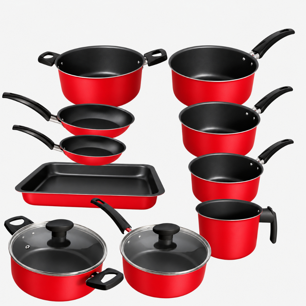 Jogo Conjunto de Panelas 10 Peças Vermelho Frigideira Assadeira — Cozinha e Utensílios