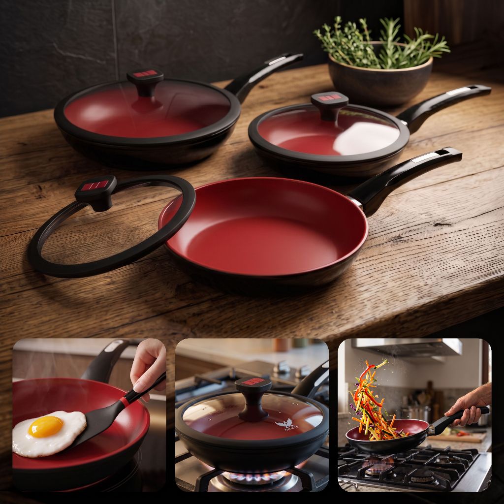 Jogo de 3 Frigideiras Antiaderente 21, 25 e 28cm Com Tampa de Vidro — Cozinha e Utensílios