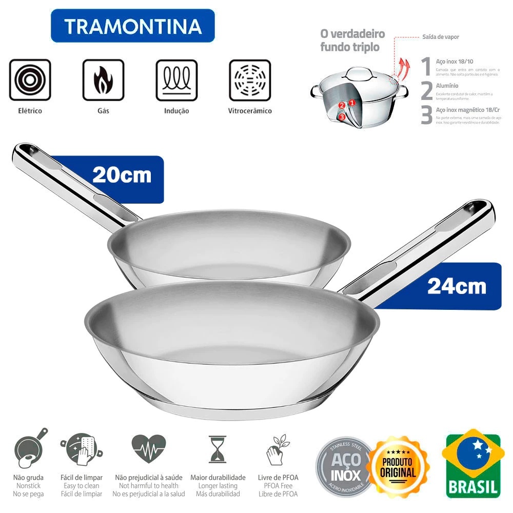 Jogo de Frigideiras Tramontina Allegra 2 Peças Em Aço Inox Fundo