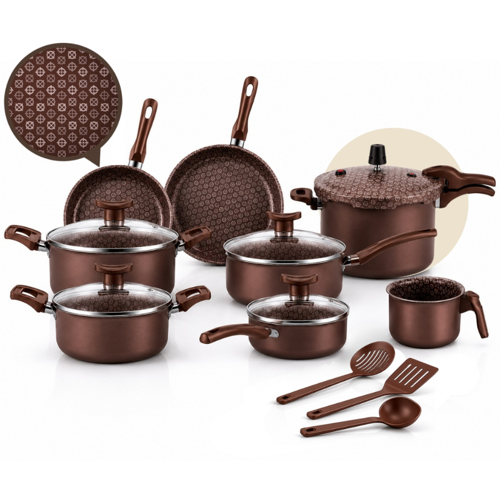 Jogo de Panelas 11 Peças Antiaderente Marrom Estampada Premium Panela — Cozinha e Utensílios