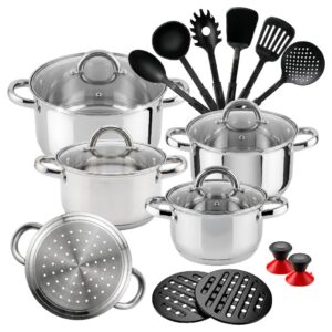 Jogo de Panelas 19 Peças Em Aço Inoxidável Genebra Acessórios Fundo — Cozinha e Utensílios