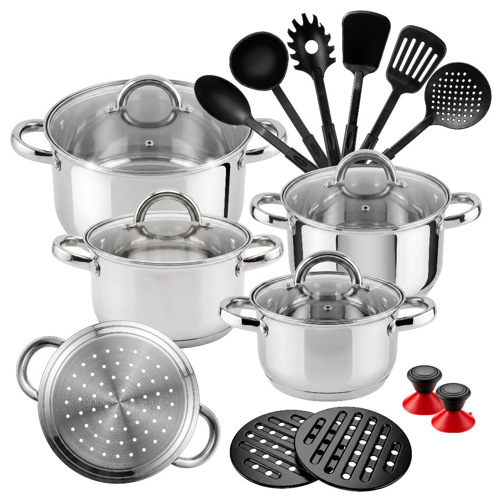 Jogo de Panelas 19 Peças Em Aço Inoxidável Genebra Acessórios Fundo — Cozinha e Utensílios