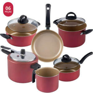 Jogo De Panelas 6 Peças Com Panela De Pressão 4,5L Cereja