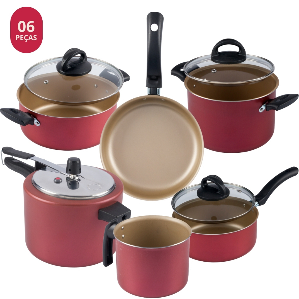 Jogo De Panelas 6 Peças Com Panela De Pressão 4,5L Cereja — Cozinha e Utensílios