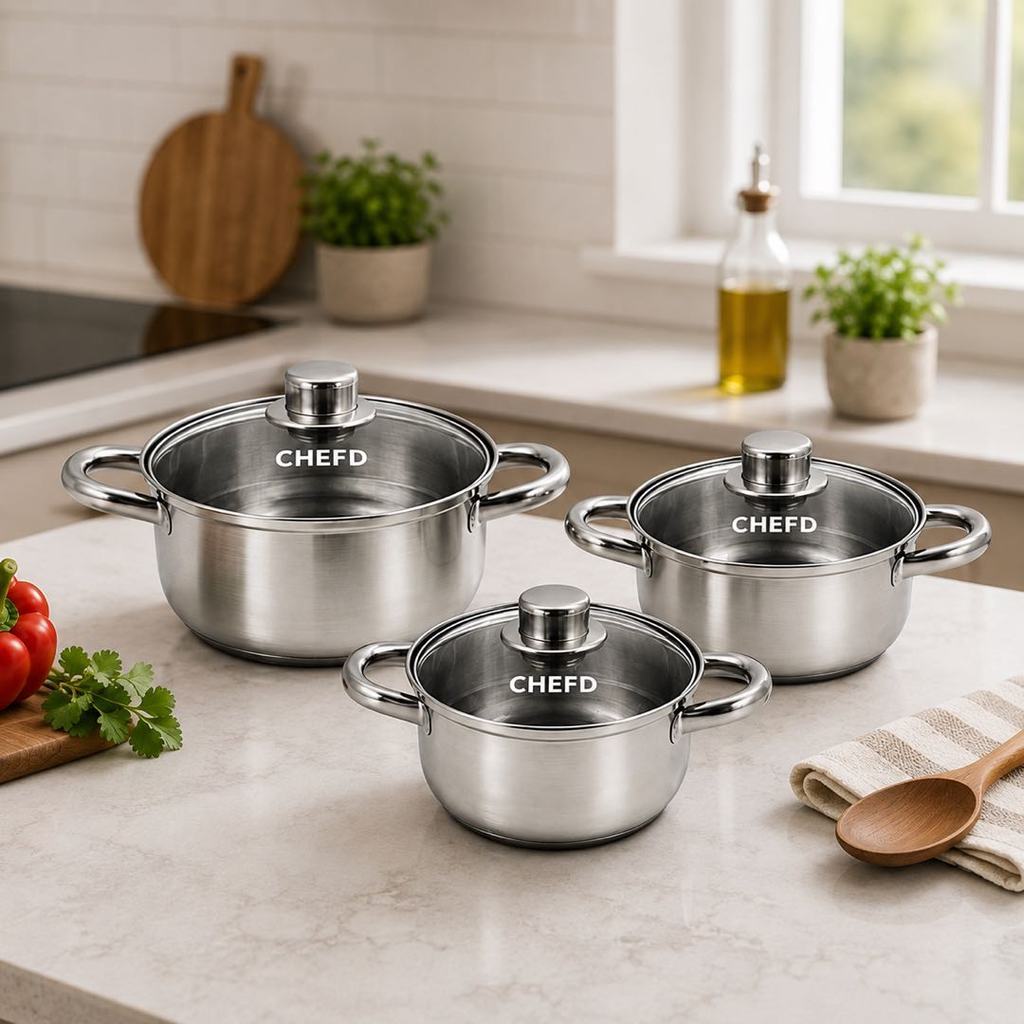 Jogo de Panelas Aço Inox 3 Peças Tampa Vidro Fundo Triplo Indução e — Cozinha e Utensílios