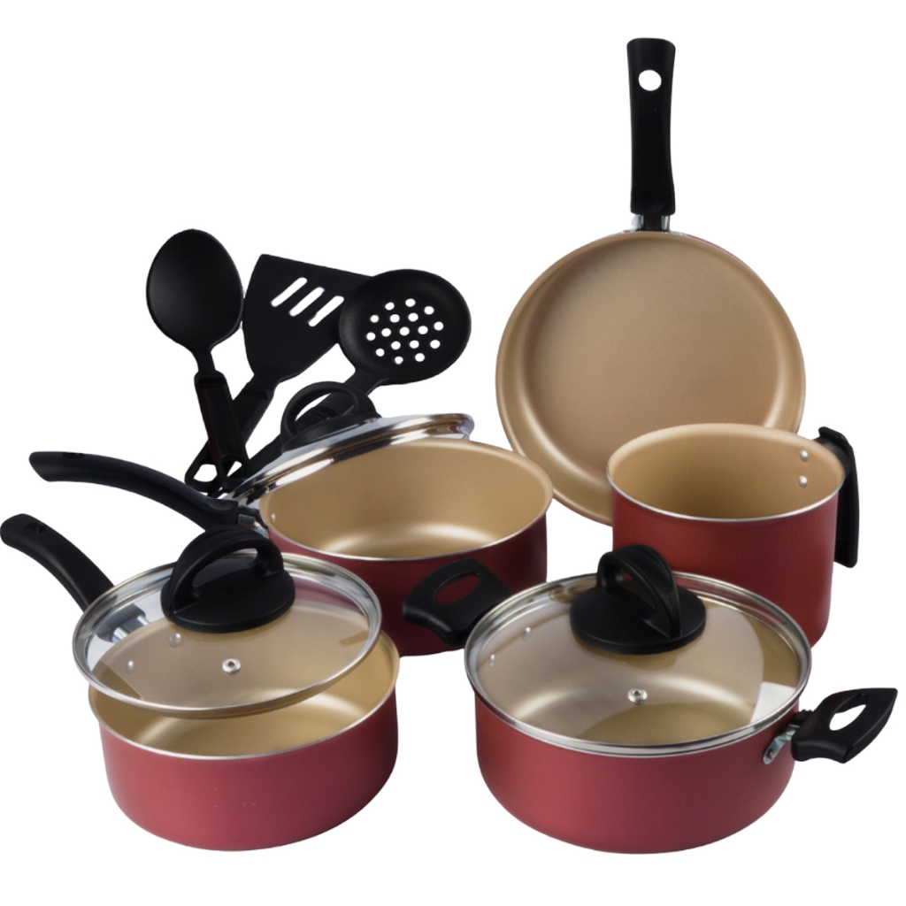 Jogo de Panelas Antiaderente 8 Peças Com 3 Espátulas Cereja Nacional — Cozinha e Utensílios