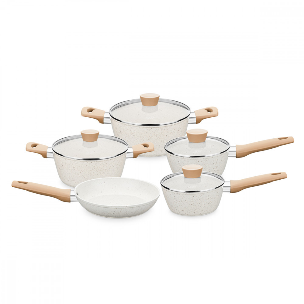 Jogo de Panelas Carmela Vanilla Mta 5 Peças Antiaderente Revestimento — Cozinha e Utensílios