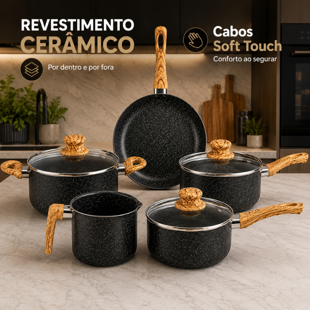 Jogo de Panelas Cerâmica 5 Peças Antiaderente Indução e Gás Cooktop — Cozinha e Utensílios