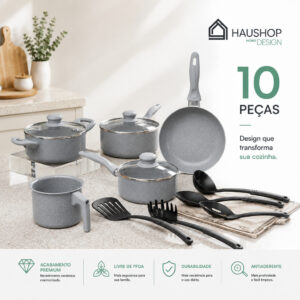 Jogo de Panelas Cerâmico Haushop 10 Peças Antiaderente Marmorizado