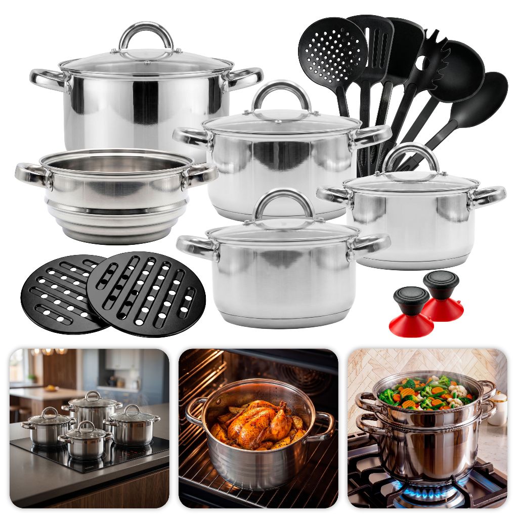 Jogo de Panelas Genebra Kit 19 Peças Em Aço Inox Para Indução Gás — Cozinha e Utensílios